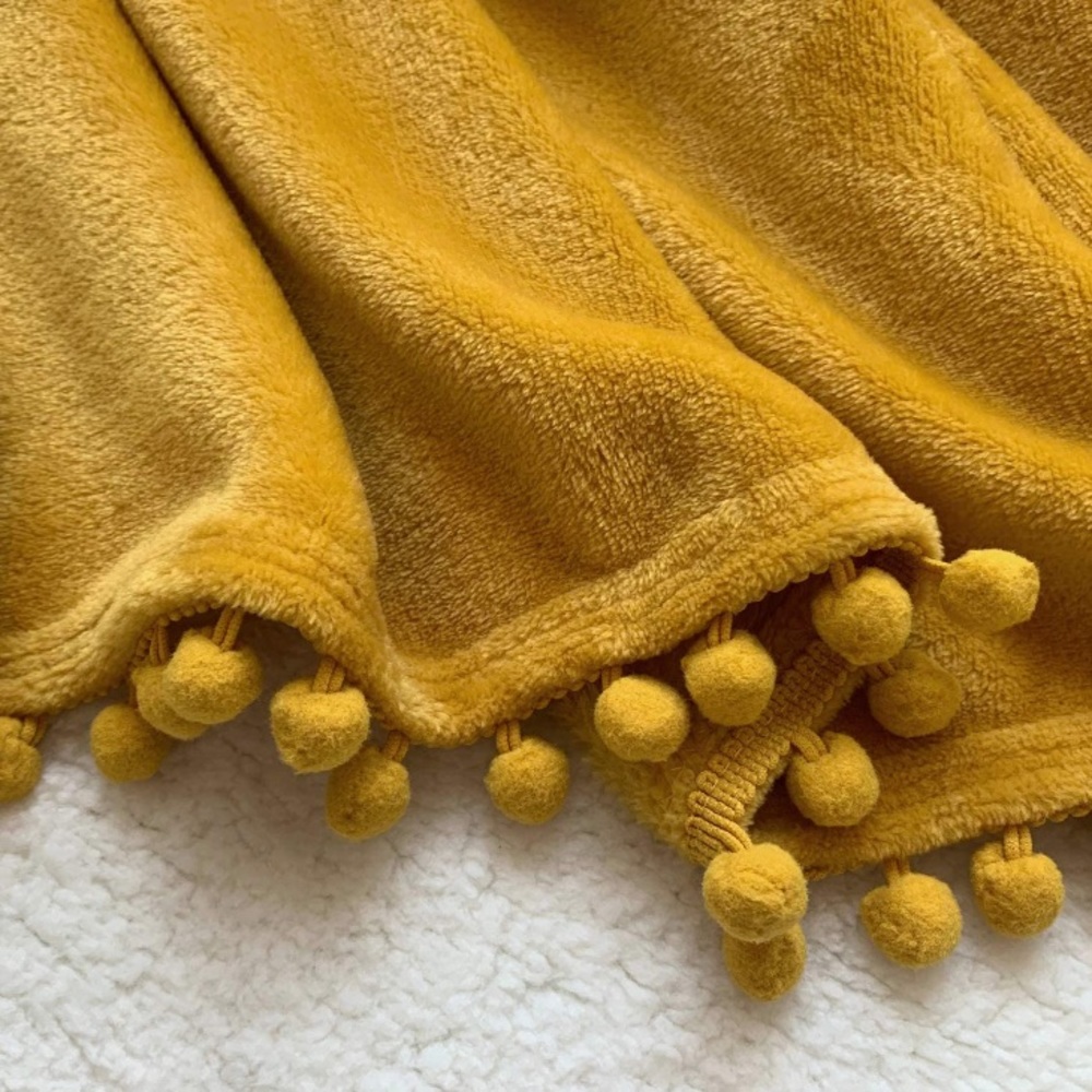 Sunflower Yellow Pompom Fringe Chic Cozy Soft Throw Blanket/Cover - Picture 5 of 16